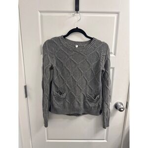 Margaret O'Leary Womens XS Grey Diamond Cable Knit Crewneck Sweater Pockets